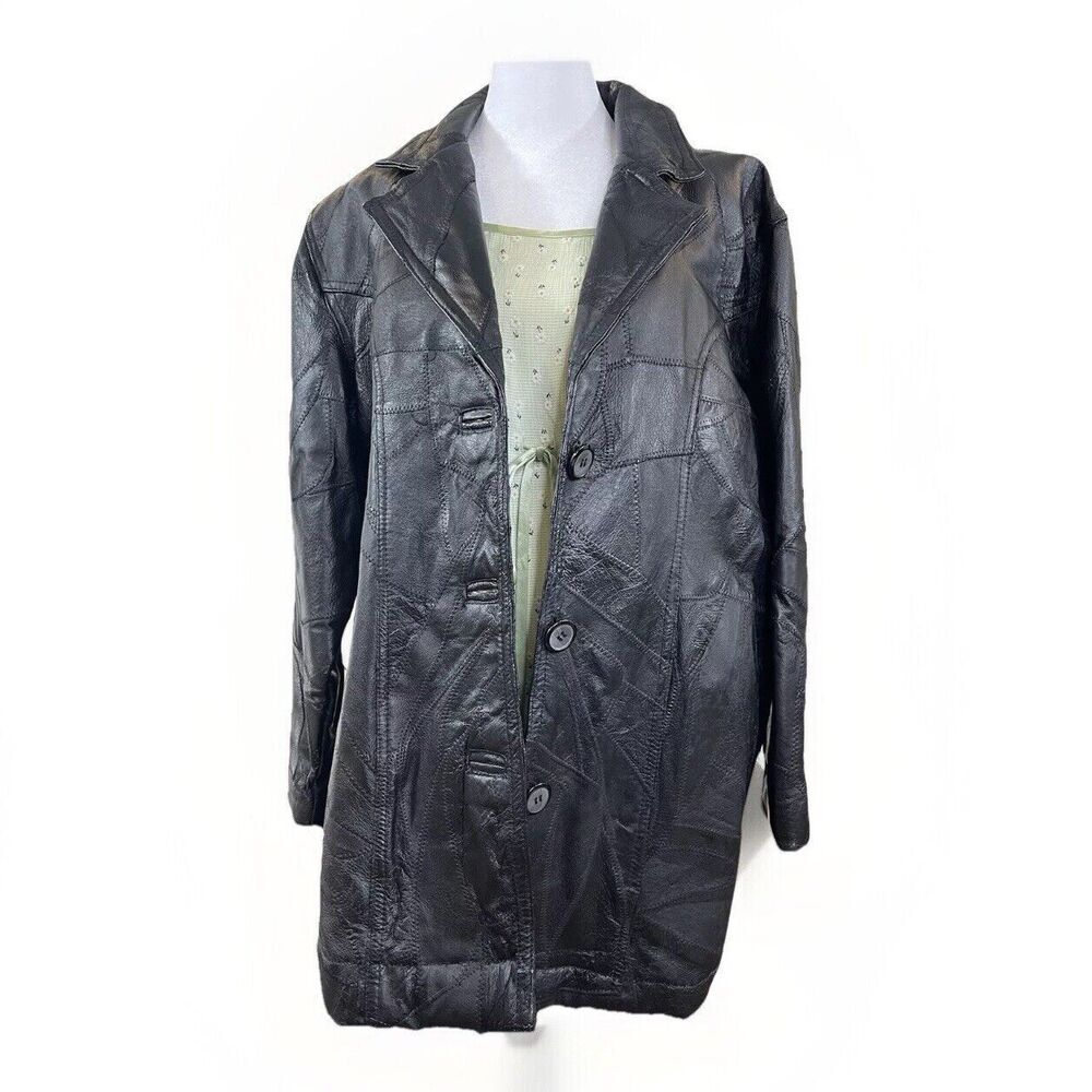 Vtg Genuine Leather Jacket Women's S M Oversized 90s Y2K Trendy Blk Patchwork